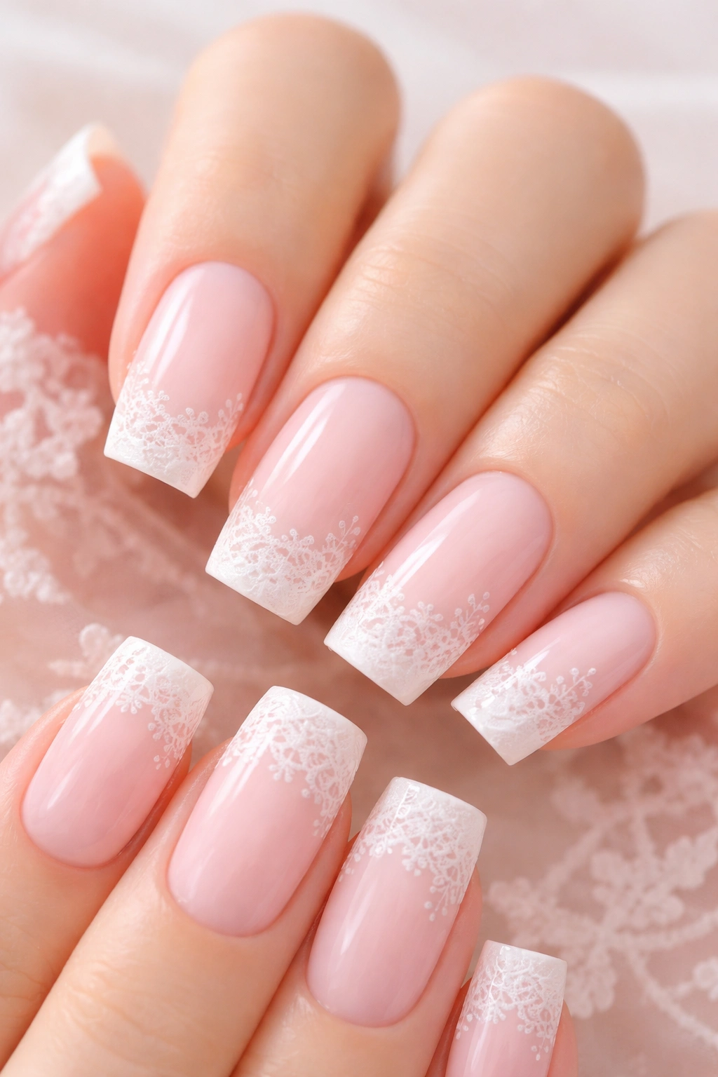 Pale pink nails with delicate white lace design