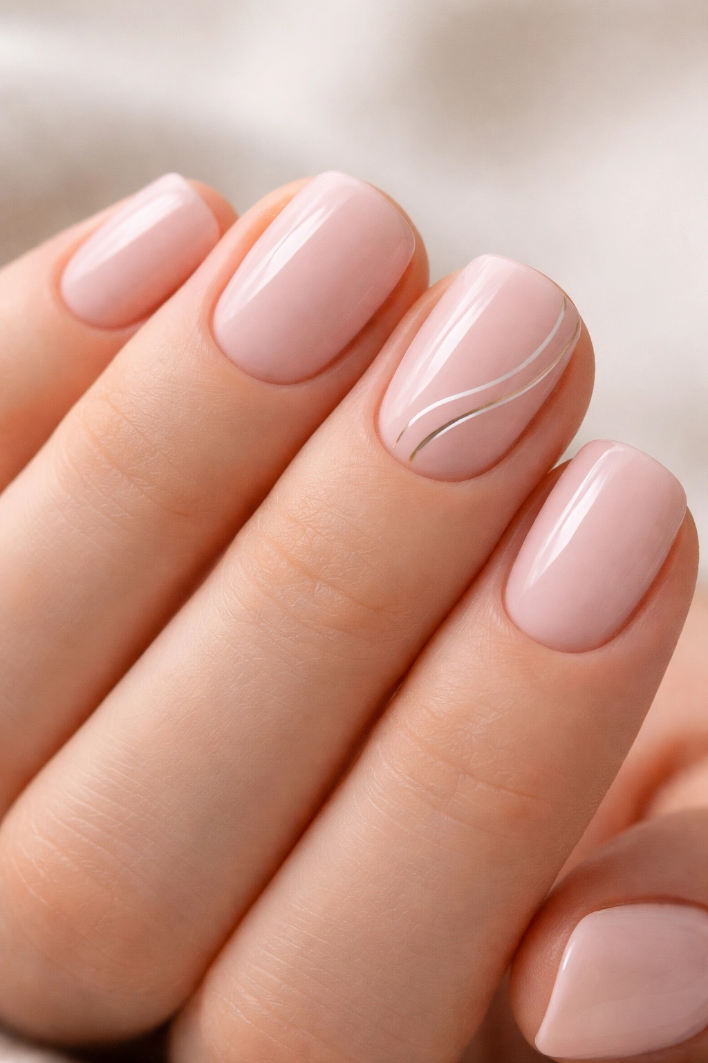 Close-up of short squoval nails in pale pink with minimalist line art