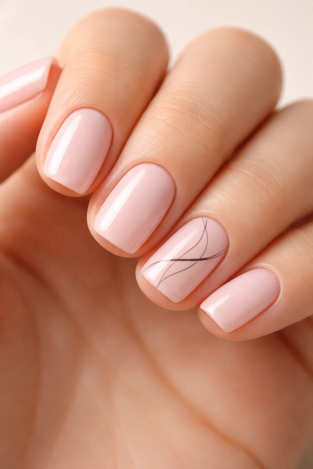 Close-up of pale pink squoval nails with minimalist line art on selected nails