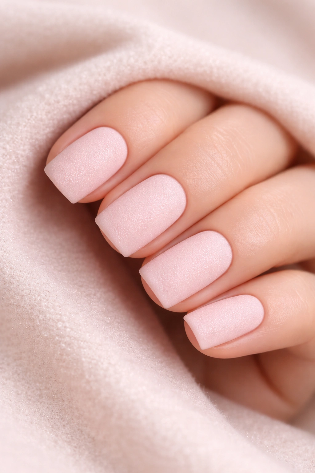 Close-up of pale pink nails with micro-texture and matte finish