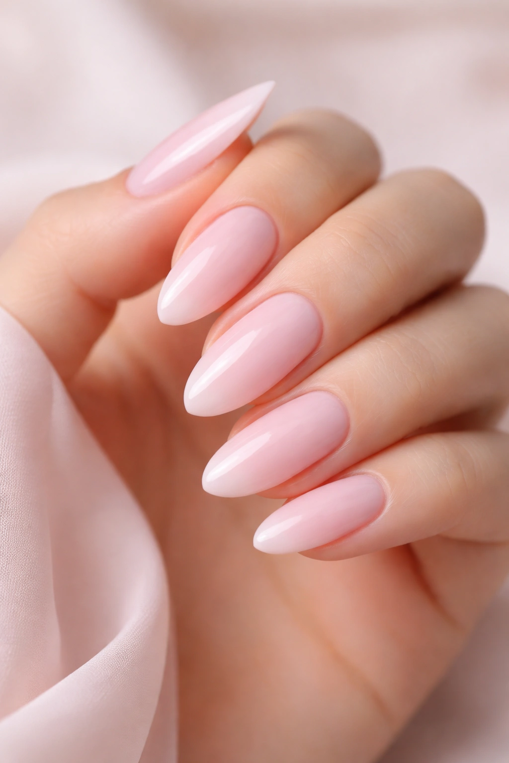 Close-up of pale pink nails with soft romantic color on almond nails