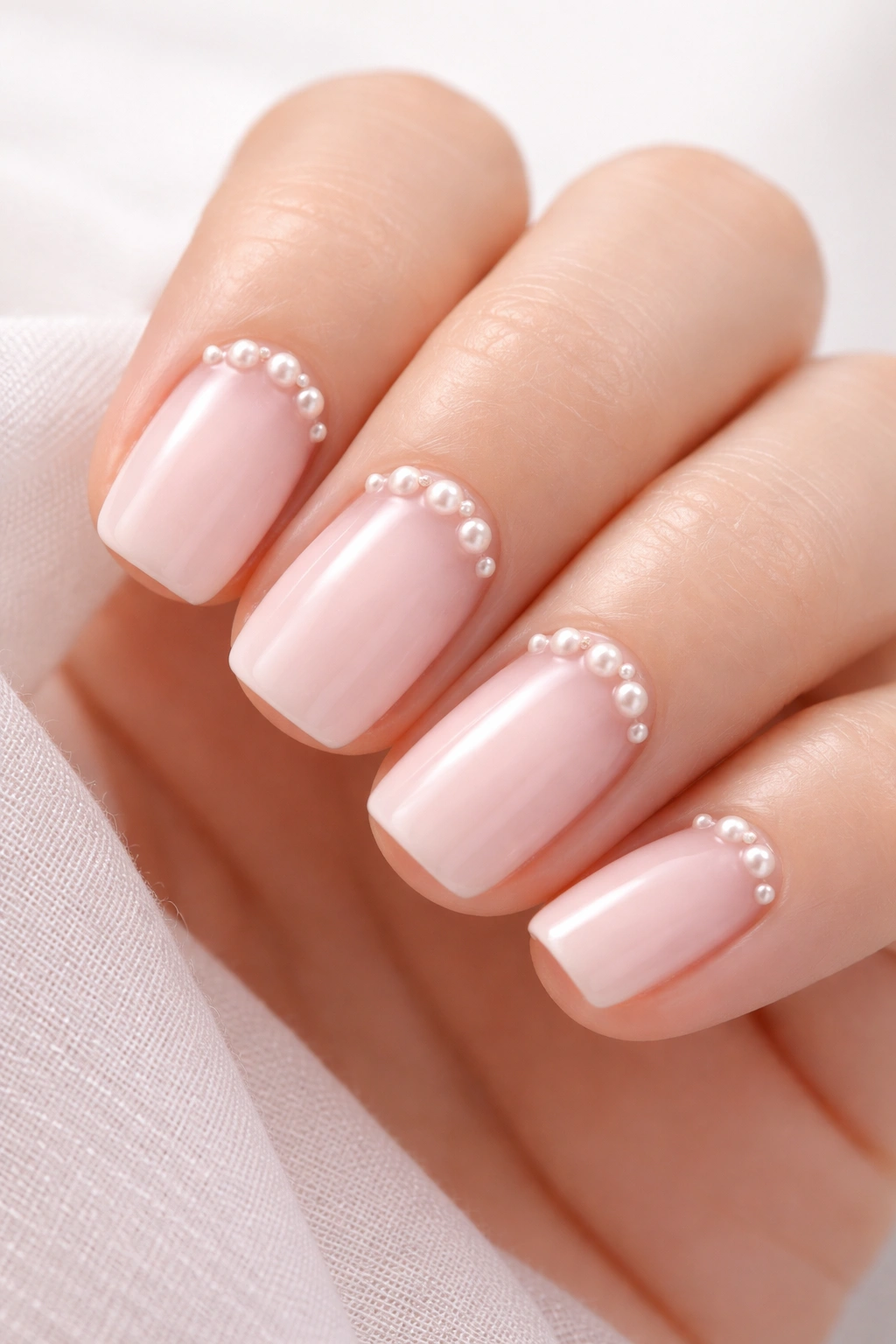 Close-up of pale pink squoval nails with raised pearl beads near cuticle