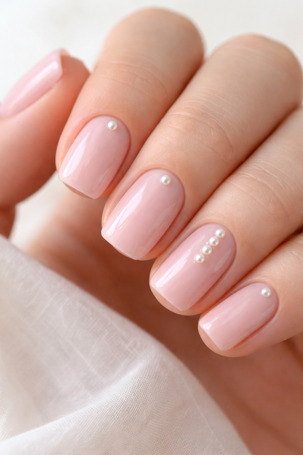 Close-up of glossy pale pink nails with pearl accents