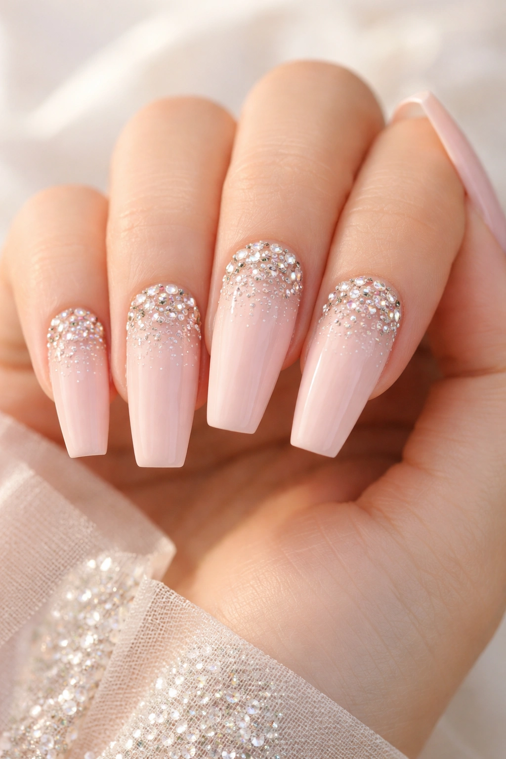 Close-up of pale pink coffin nails with rhinestone gradient near the cuticle