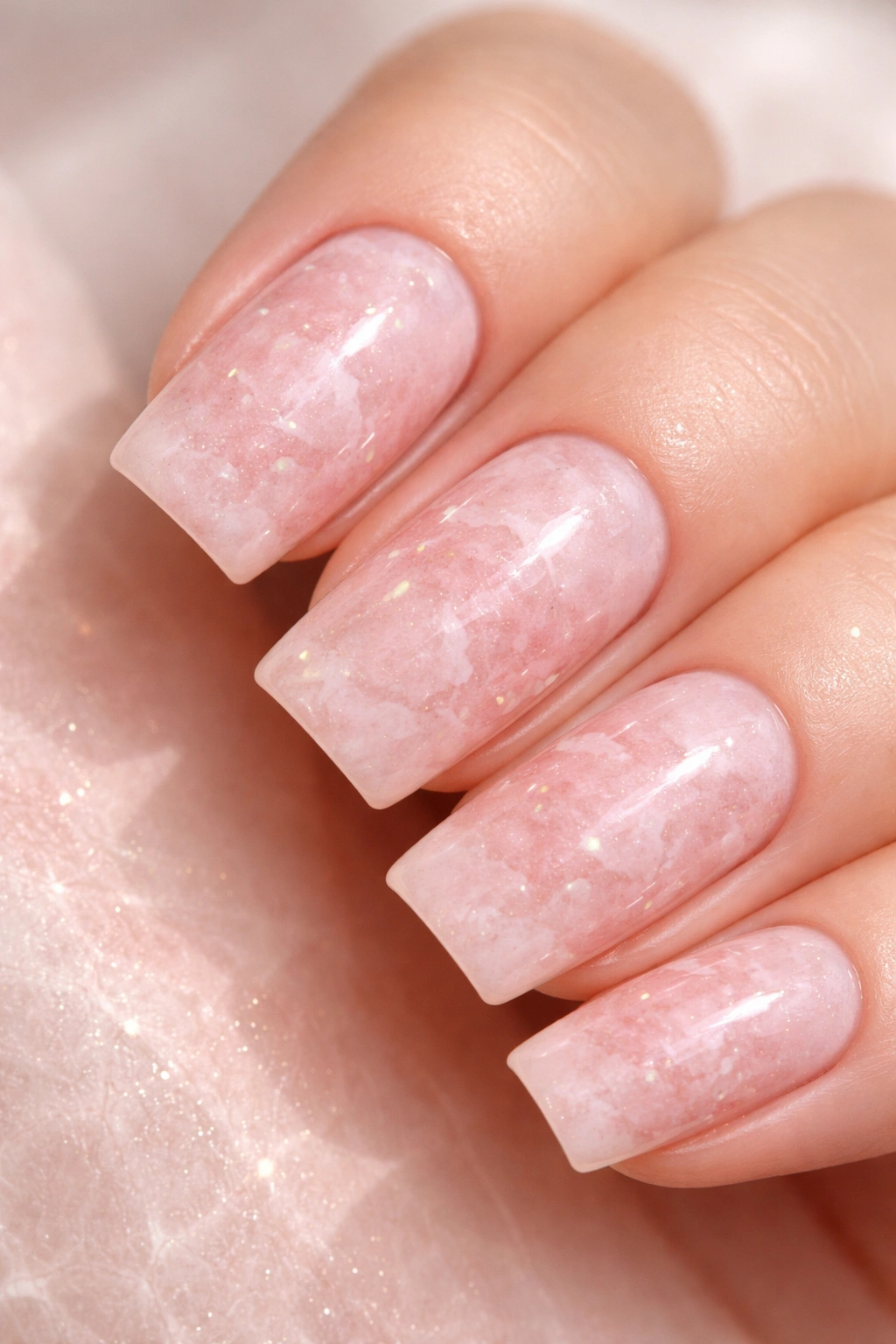 Pale pink nails with speckled rose quartz texture