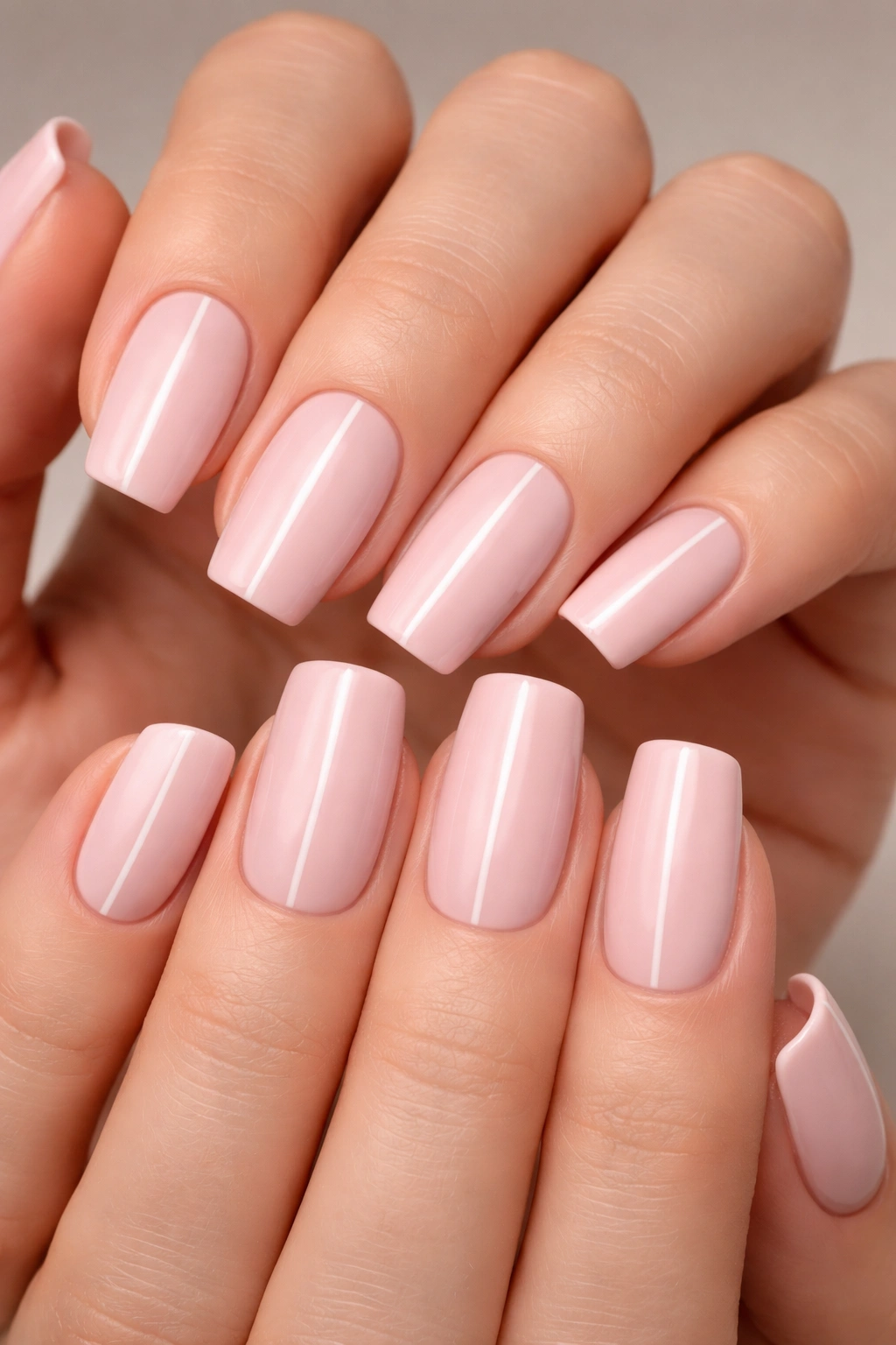 Close-up of pale pink square nails with a single white stripe down the center
