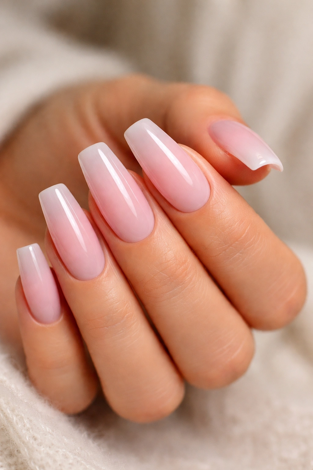 Pale pink coffin nails with clear tip ombré