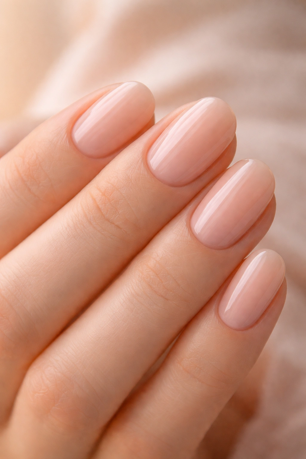 Close-up of short oval nails in pale pink with peach undertone.