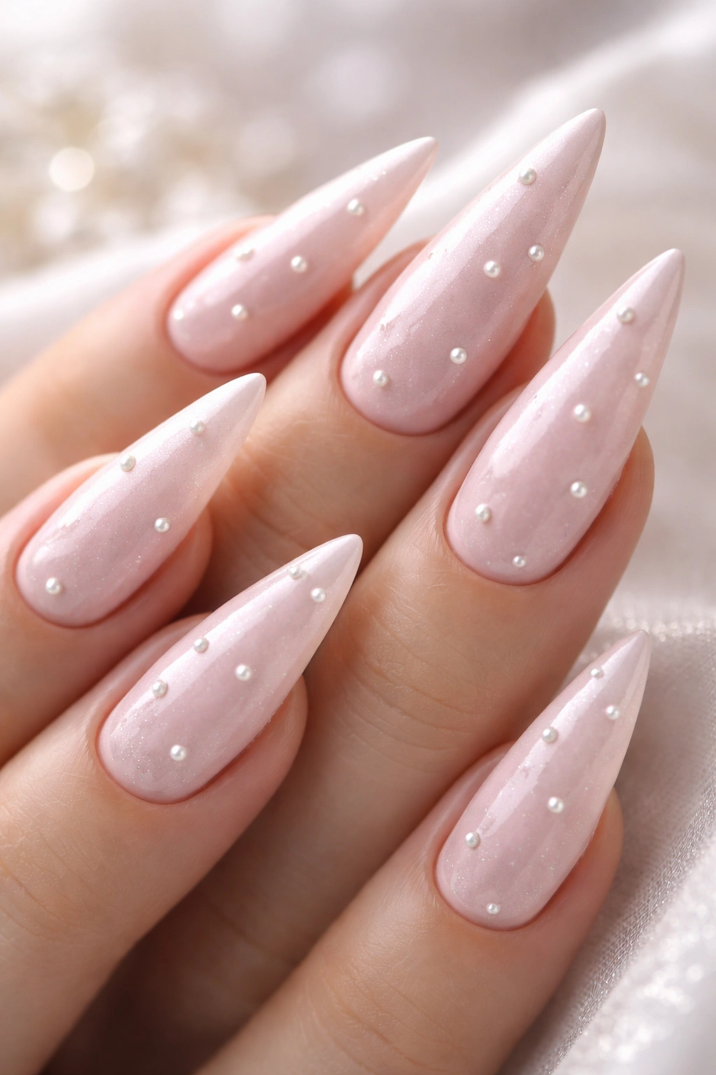 Pale pink stiletto nails with pearl dot accents