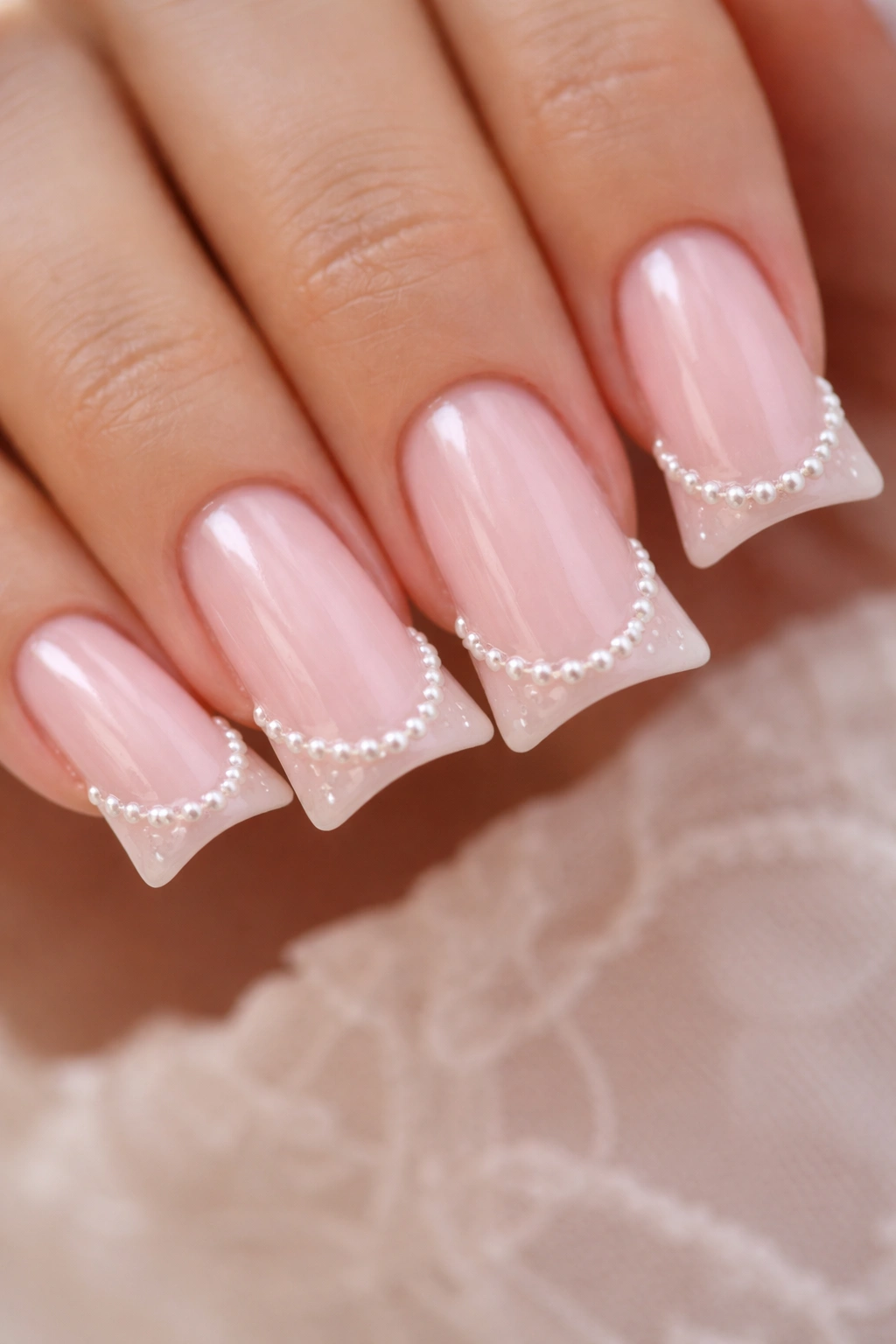 Pale pink duck nails with pearl inlay along the tip