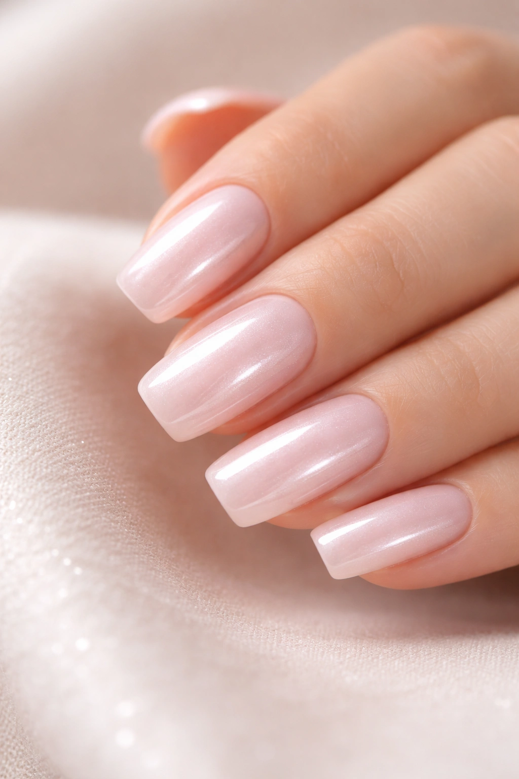 Close-up of pale pink acrylic nails with a pearlescent finish on soft square nails