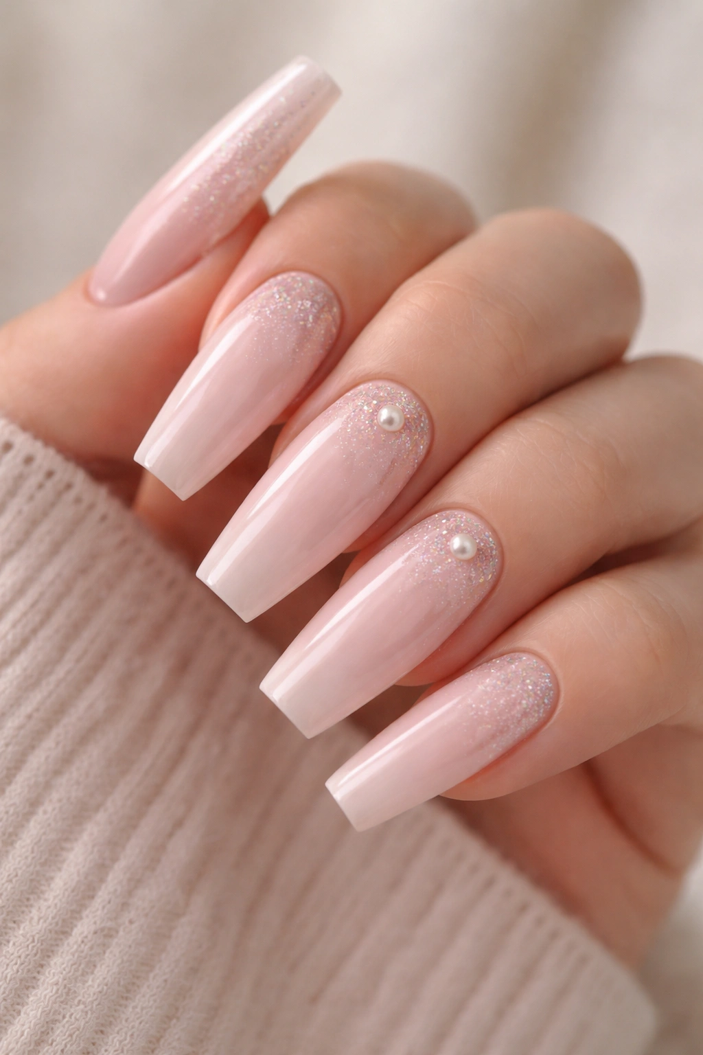 Pale pink coffin nails with subtle glitter and pearls