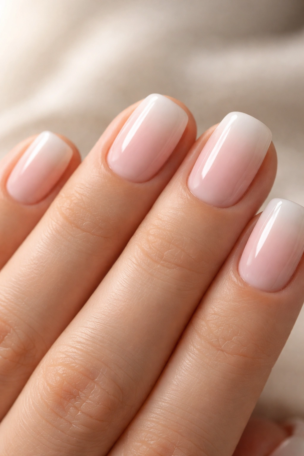 Close-up of pale pink nails with white reverse ombre tips on short squoval nails