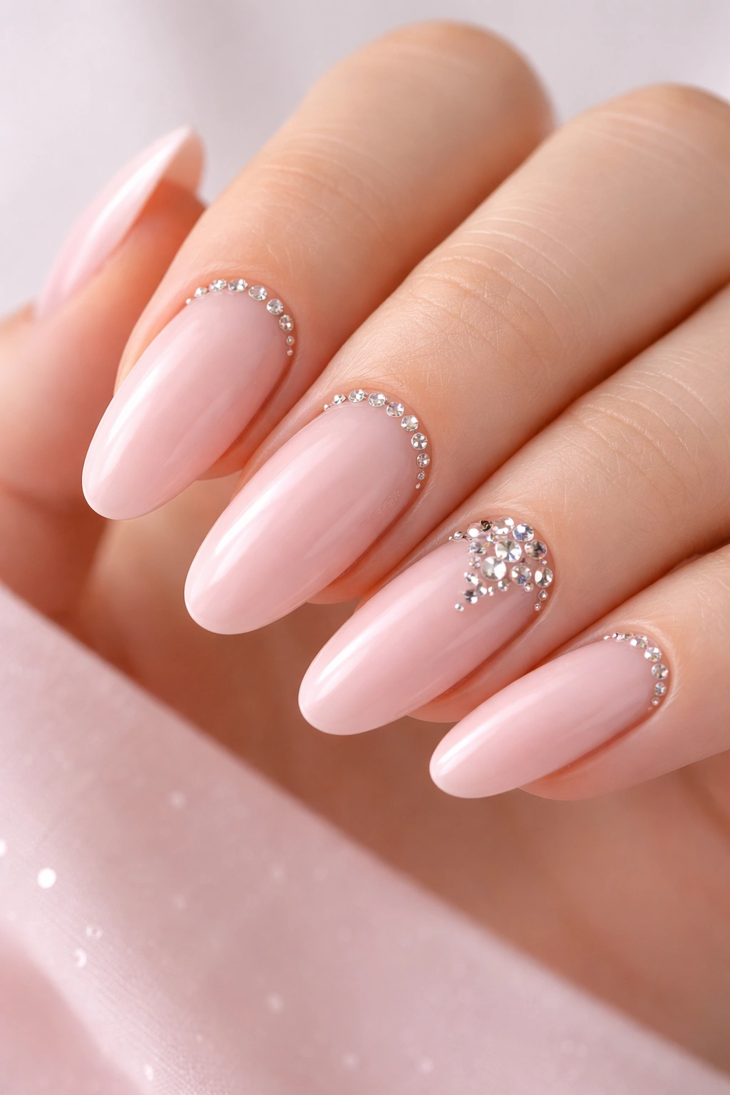 Close-up of long round acrylic nails in pale pink with rhinestones along the cuticle