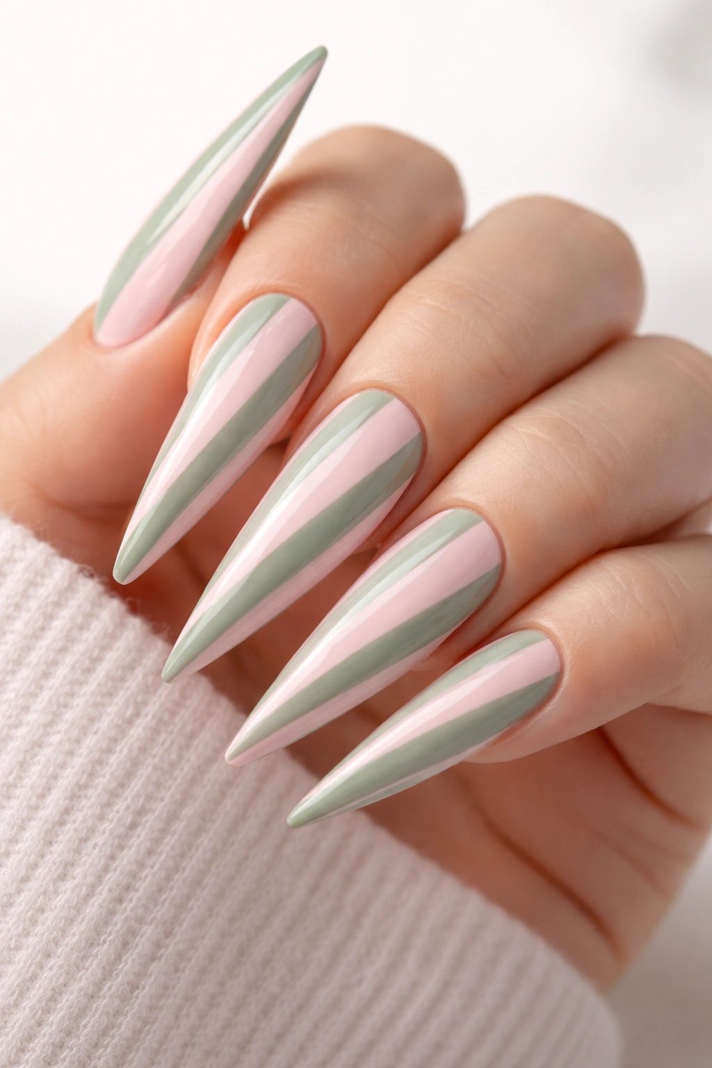 Close-up of striped pale pink and sage green stilettos nails