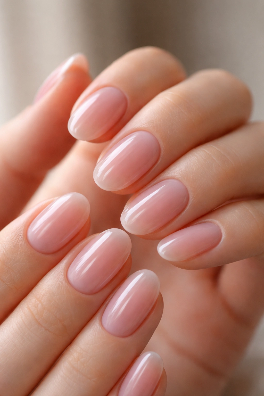 Close-up of pale rose jelly nails on short oval nails