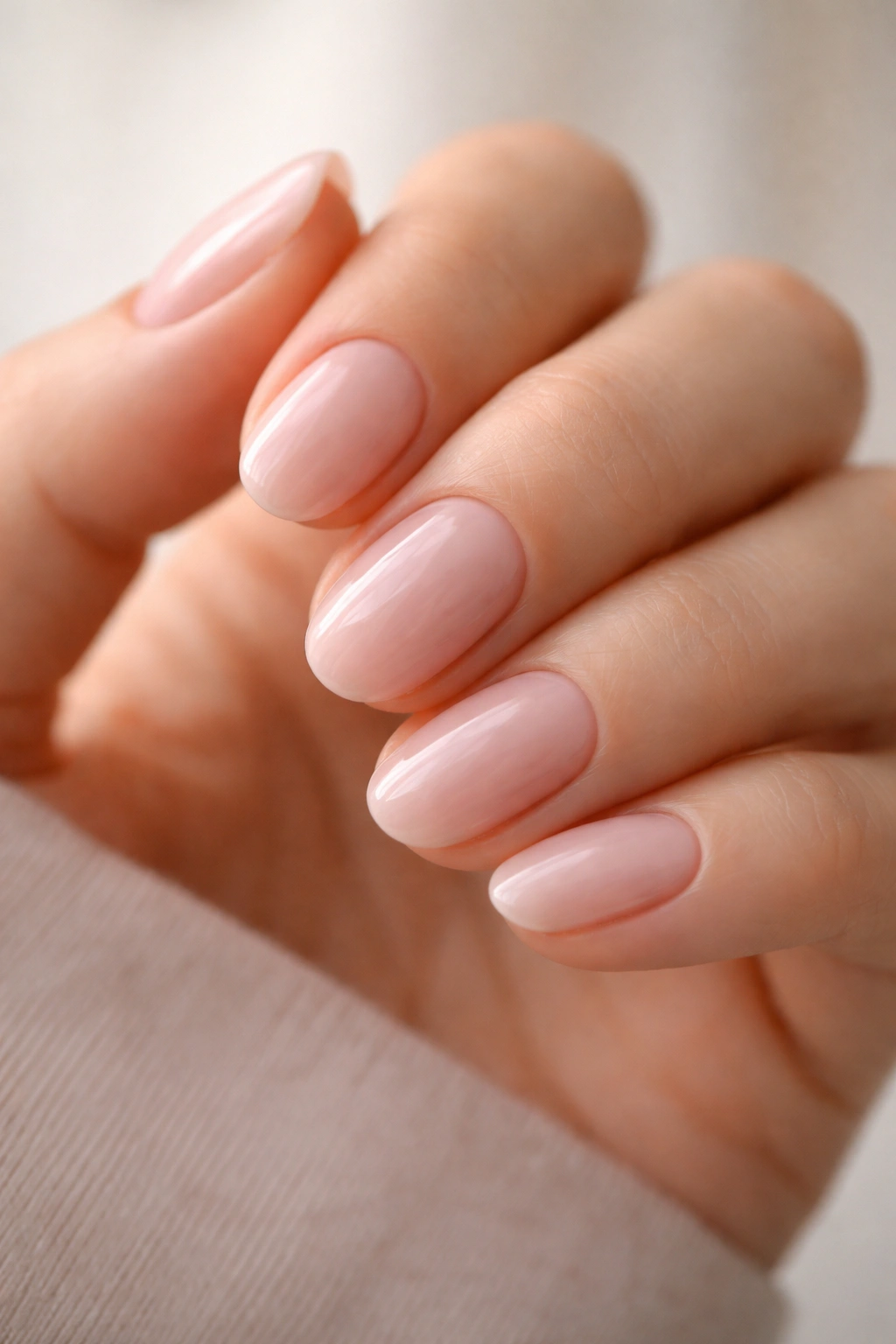 Close-up of pale rose oval nails on short length with a glossy finish