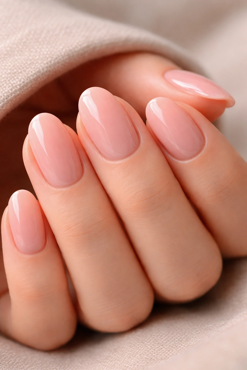 Close-up of short oval nails with pale rose overlay and gloss