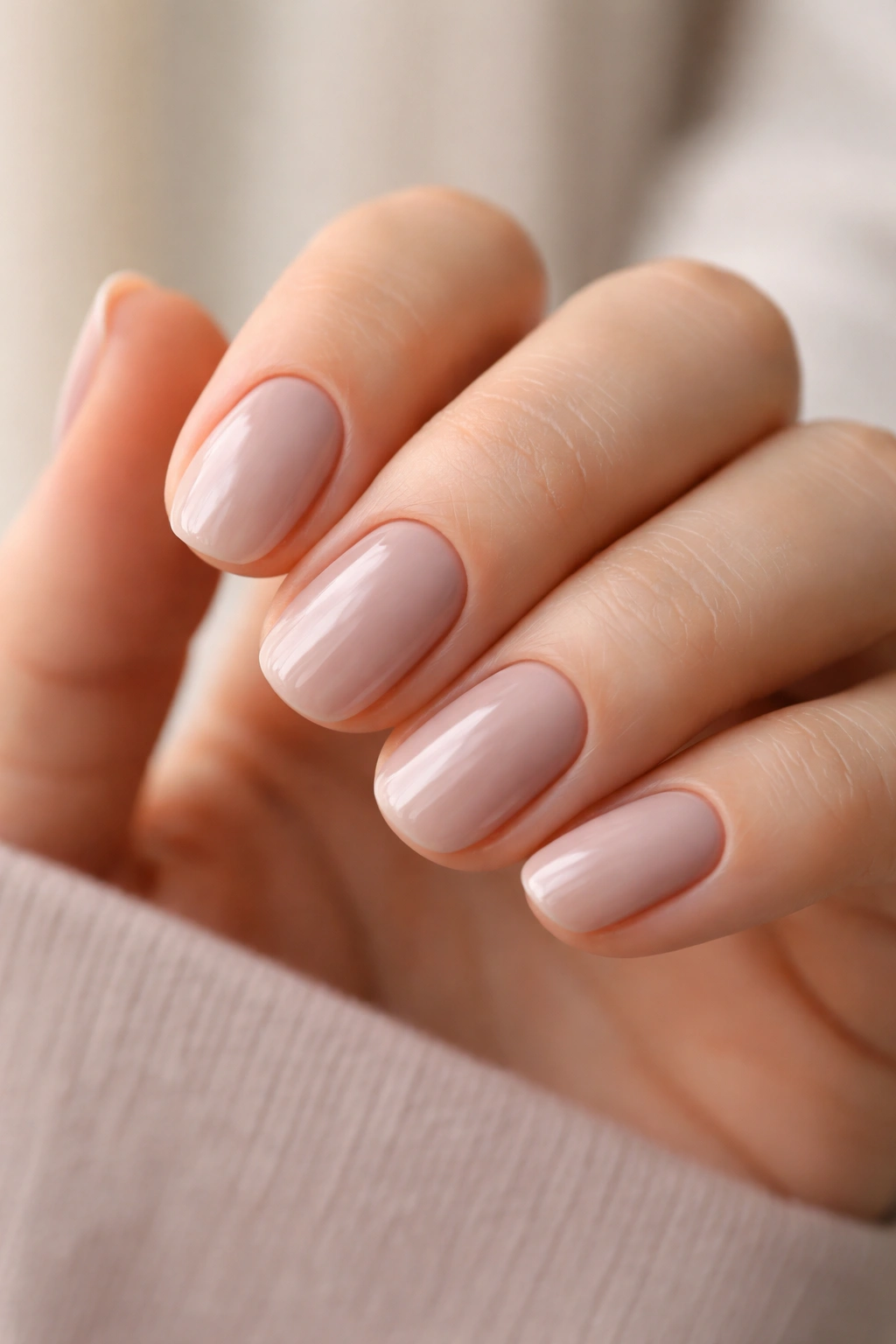 Close-up of pale taupe nails with barely pink undertone