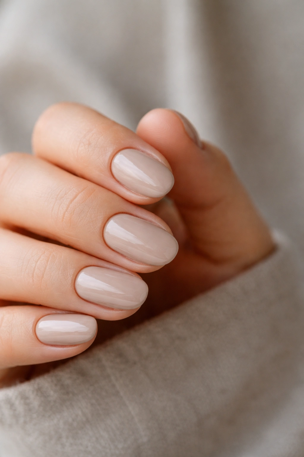 Close-up of short pale taupe oval nails with a satin-gloss finish