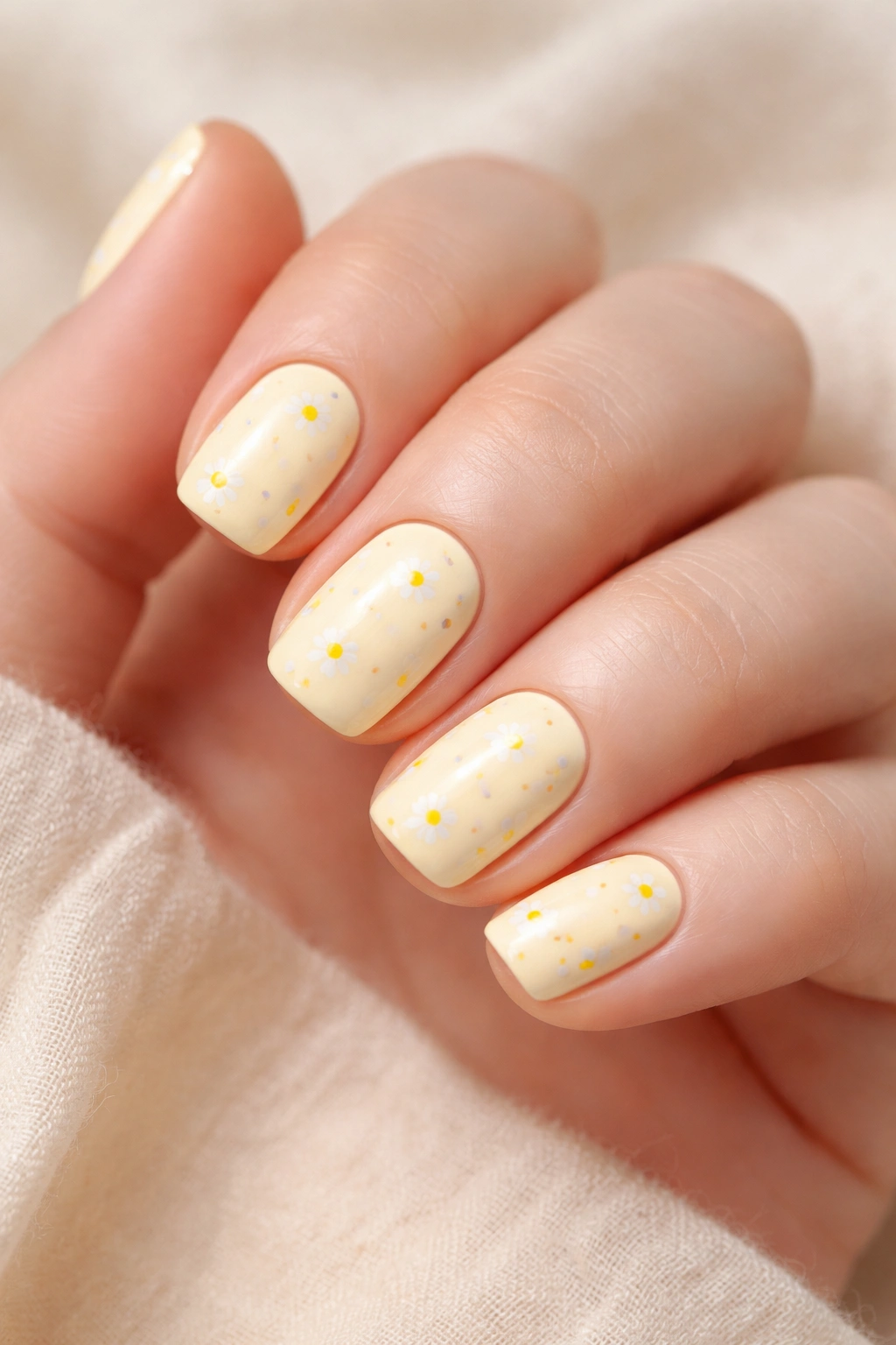 Close-up of pale yellow squoval nails with tiny white daisies