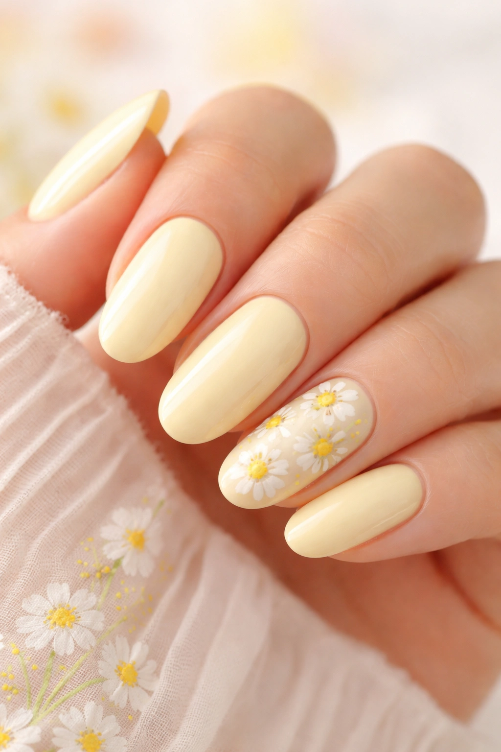 Pale yellow nails with tiny white daisies on accent nails close-up