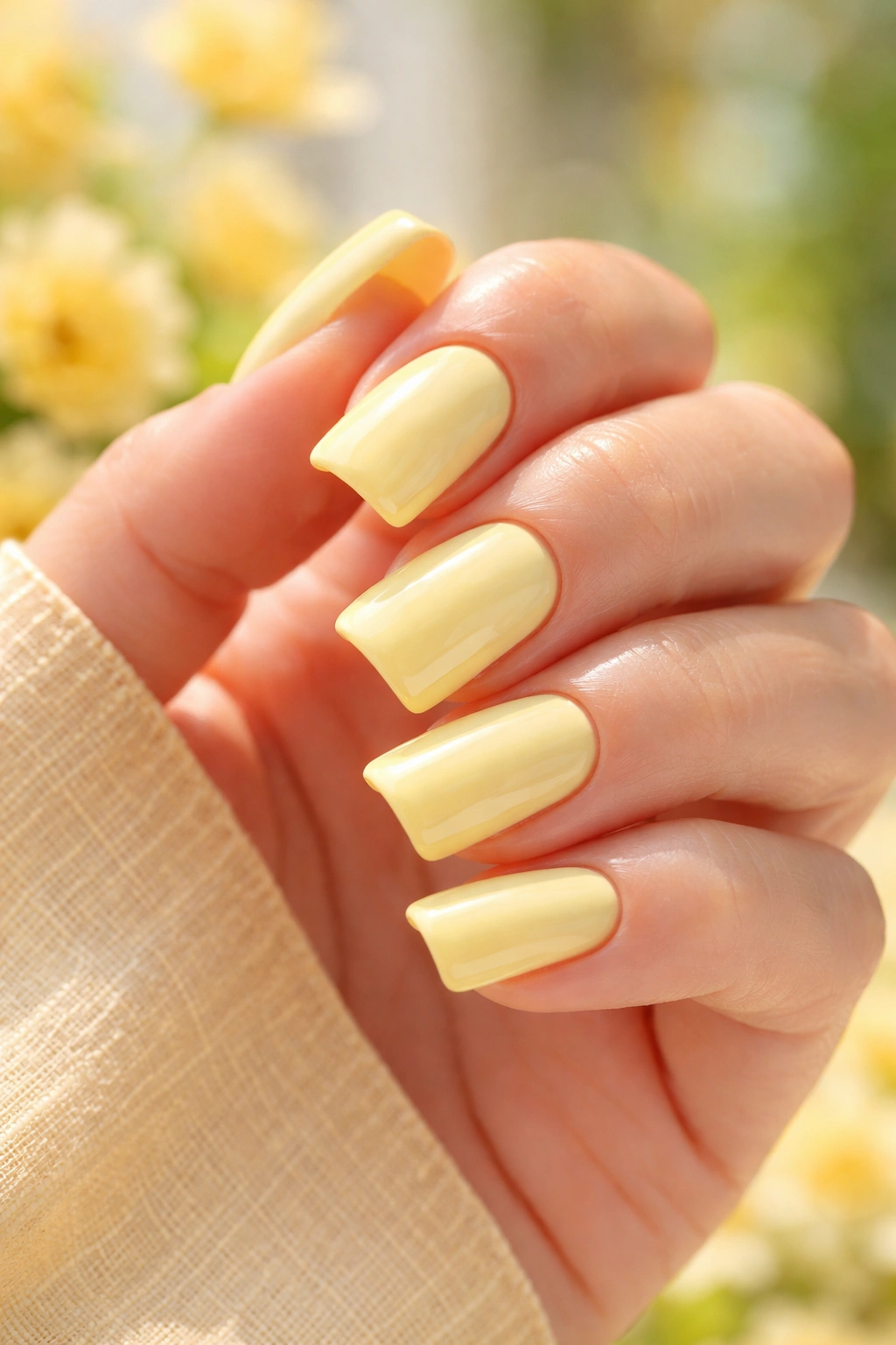 Close-up of short duck nails in pale yellow