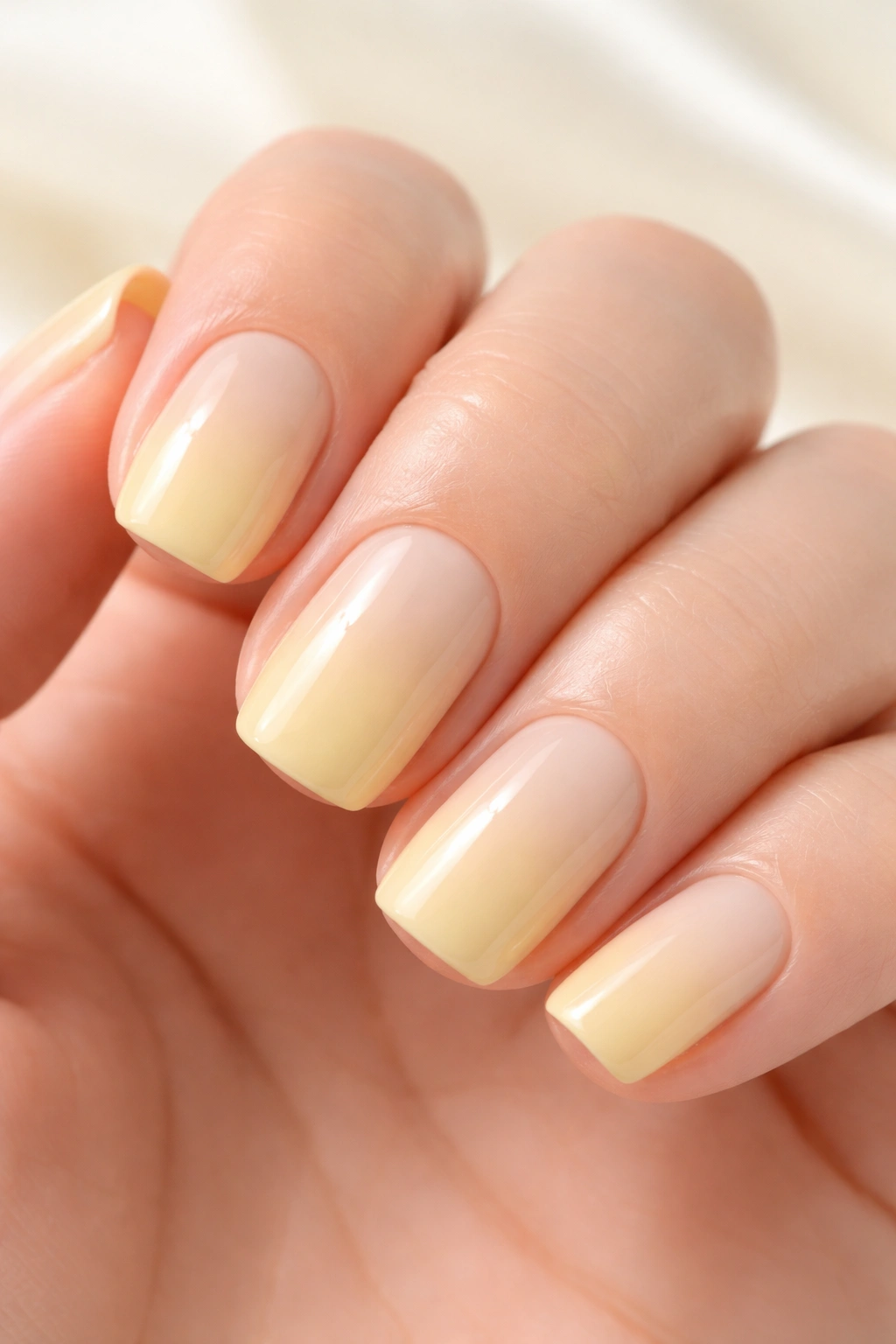 Close-up of pale yellow squoval nails with subtle gradient