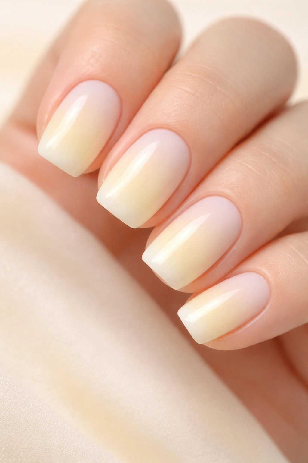 Close-up of pale yellow gradient on short squoval acrylic nails, from near-white to soft yellow