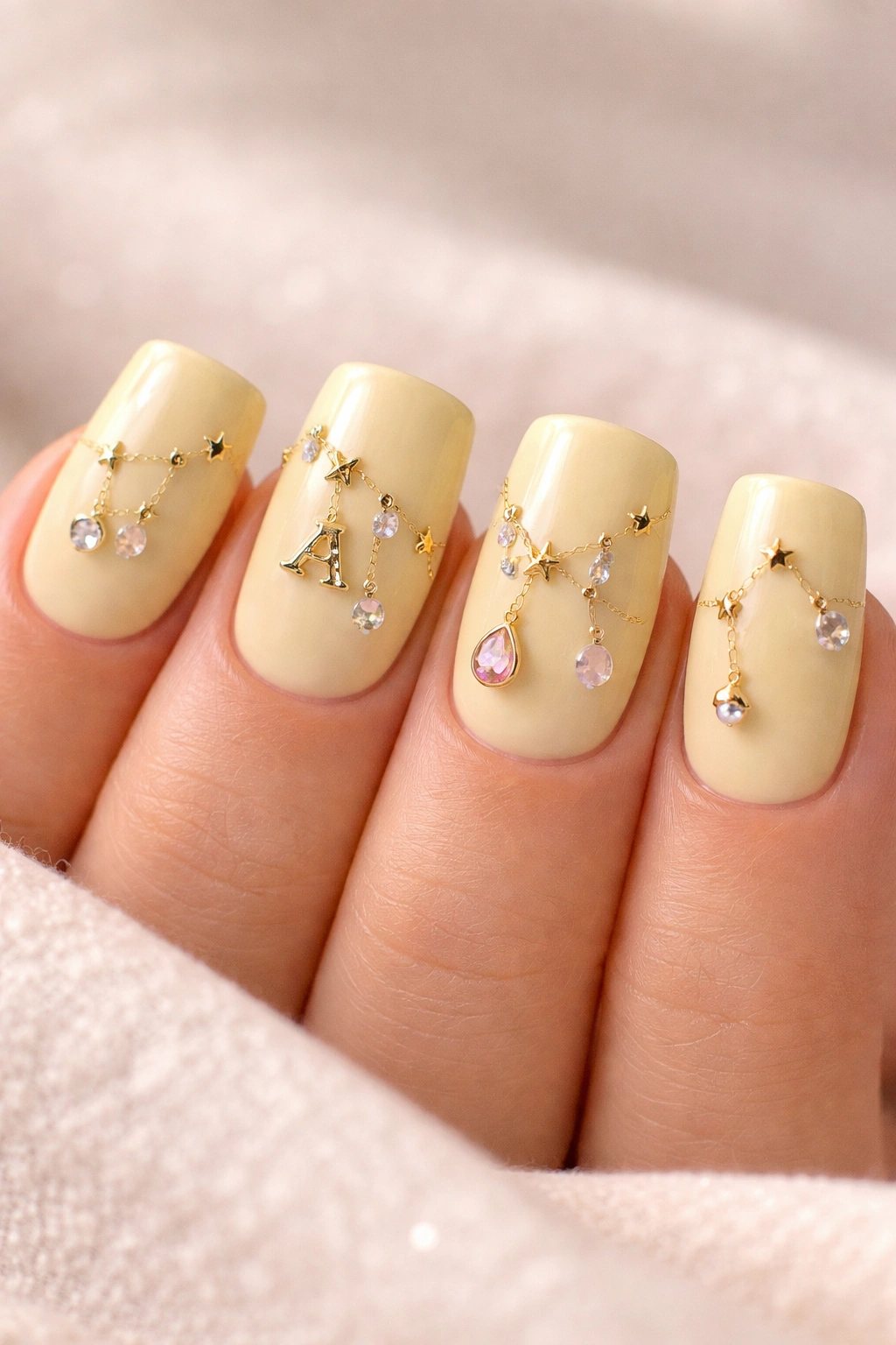 Row of pale yellow duck nails with constellation charms on a neutral surface