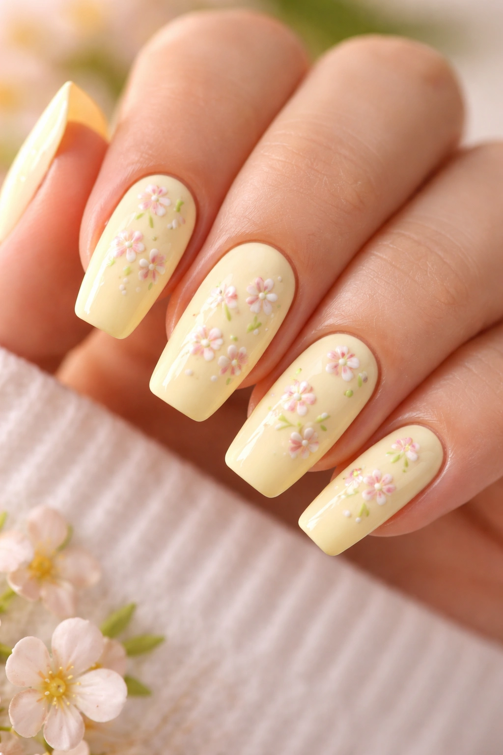 Pale yellow coffin nails with delicate white flowers