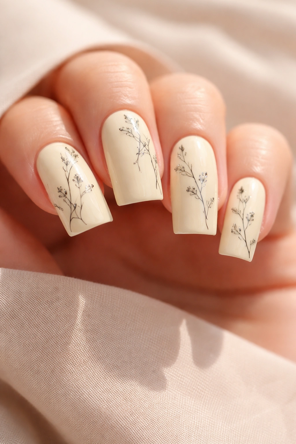 Close-up of medium duck nails in creamy pale yellow with delicate black floral line work