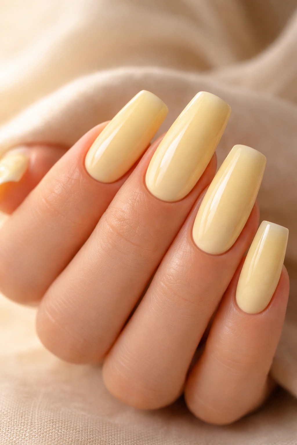 Close-up of pale yellow duck nails with glossy finish