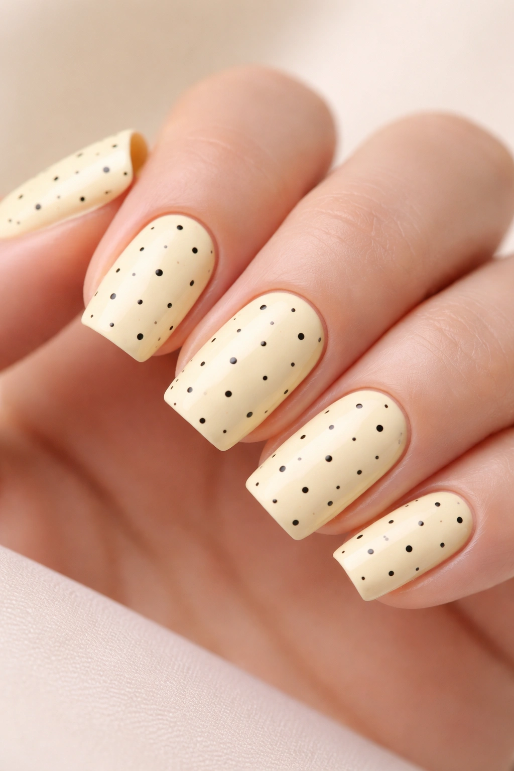 Close-up of pale yellow nails with tiny black polka dots