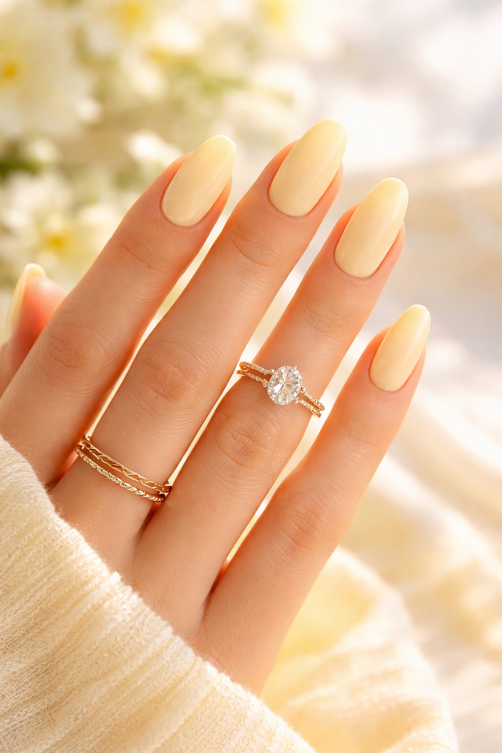 Close-up of pale yellow nails with spring glow