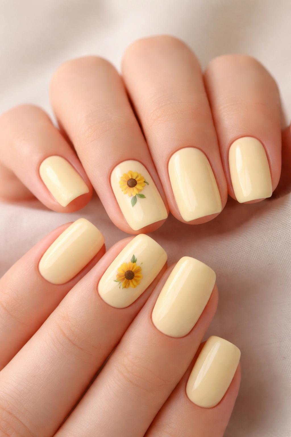 Close-up of pale yellow nails with a tiny sunflower accent on one or two nails