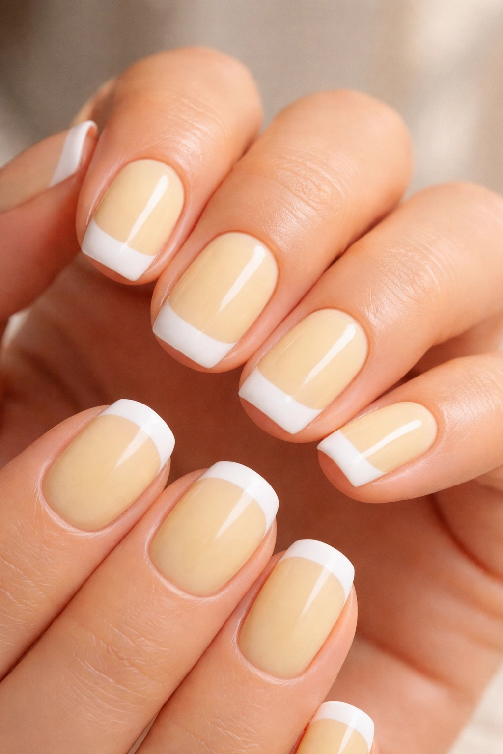 Close-up of pale yellow nails with white tip on short squoval nails