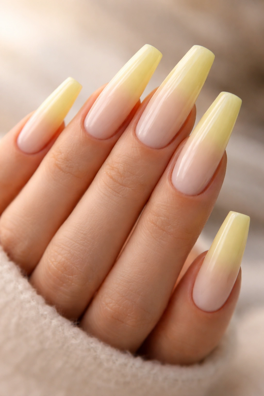 Close-up of pale yellow ombre coffin nails
