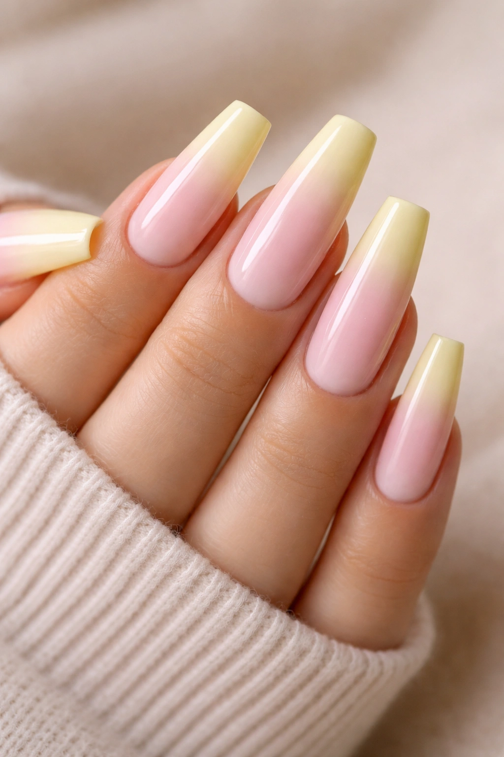 Close-up of pale yellow coffin nails transitioning to soft pink ombre