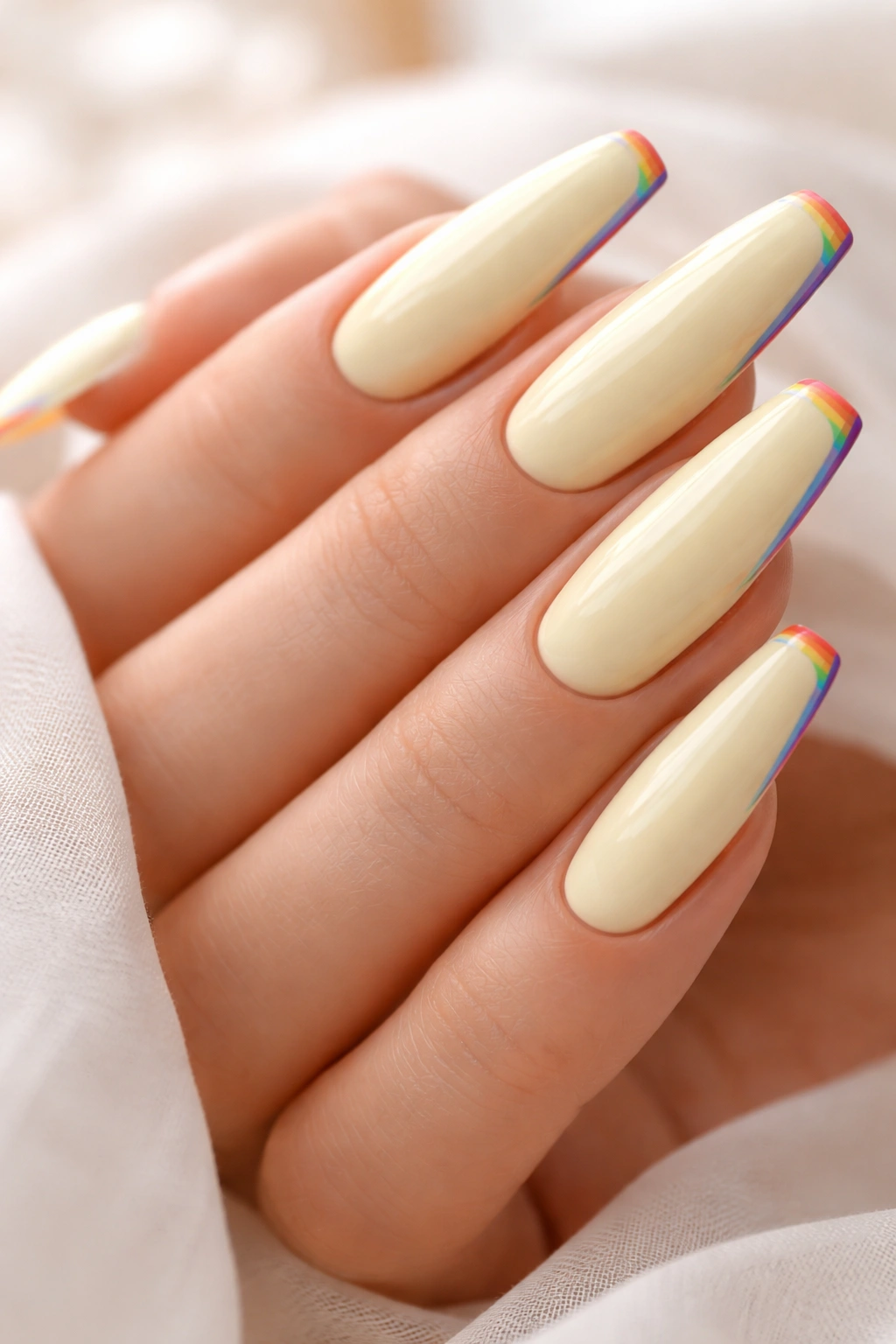 Close-up of pale yellow coffin nails with subtle rainbow stripes at tips