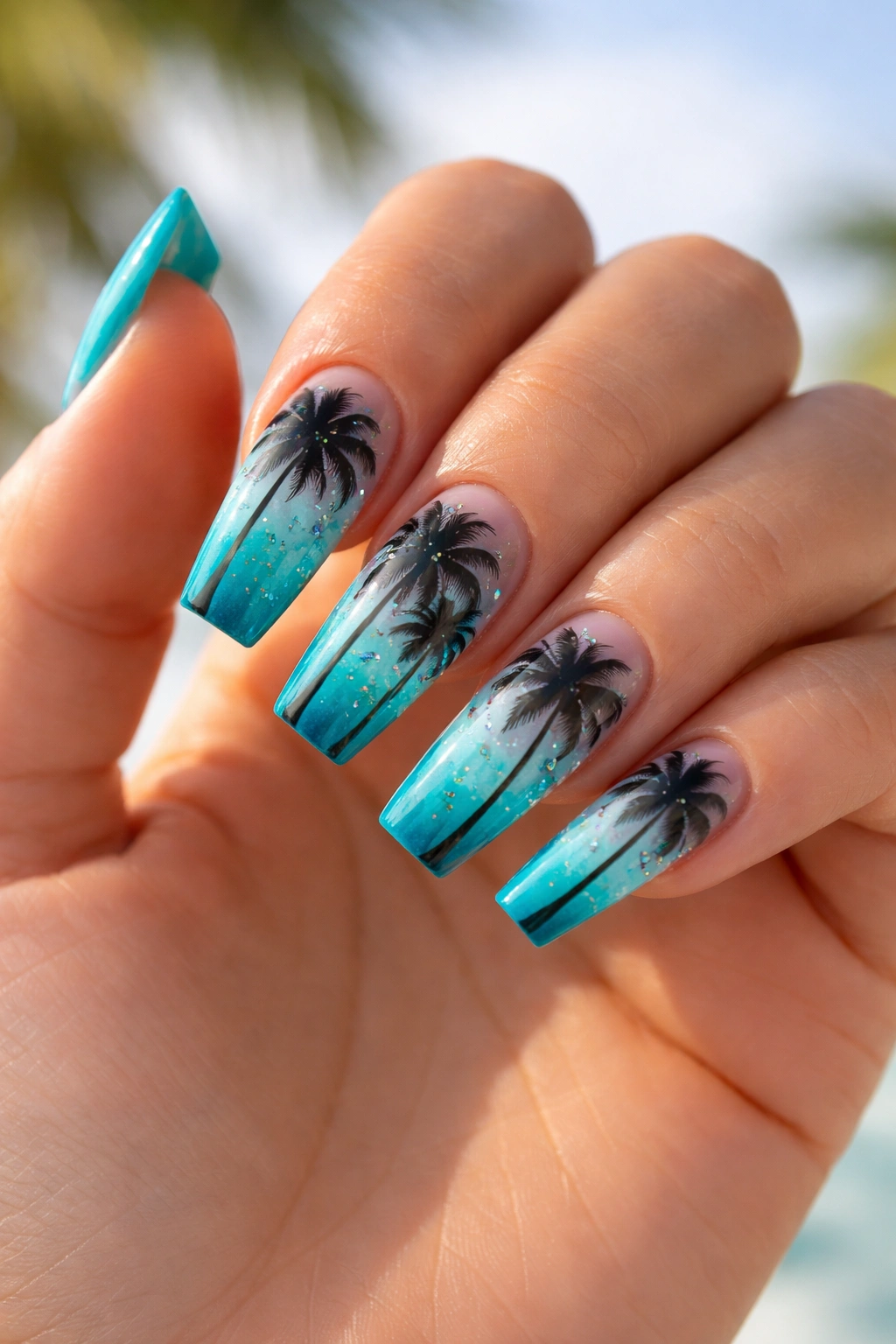 Nail design featuring teal base with black palm tree silhouettes
