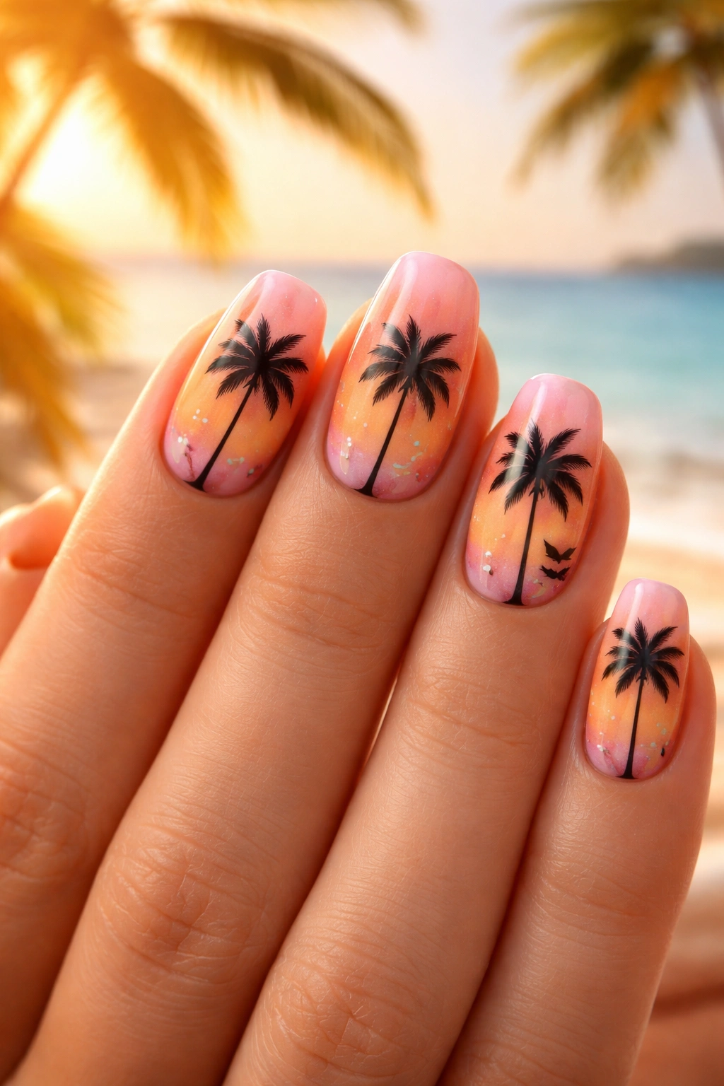 Nails with palm tree silhouettes on sunset ombre background