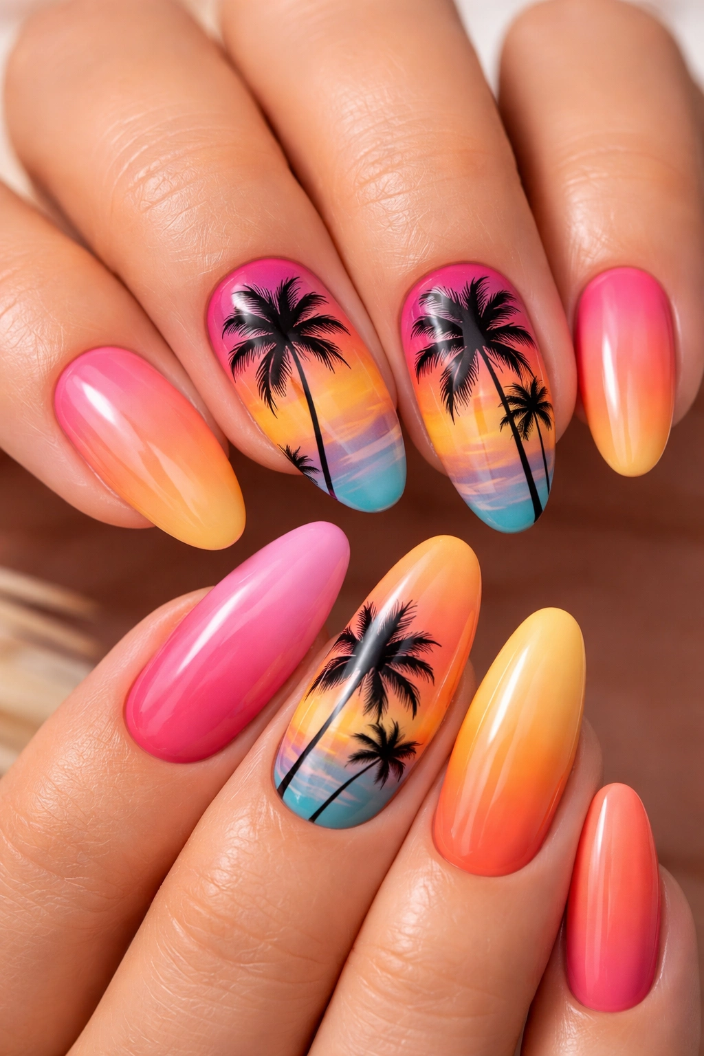Nails with black palm tree silhouettes on gradient sunset backgrounds