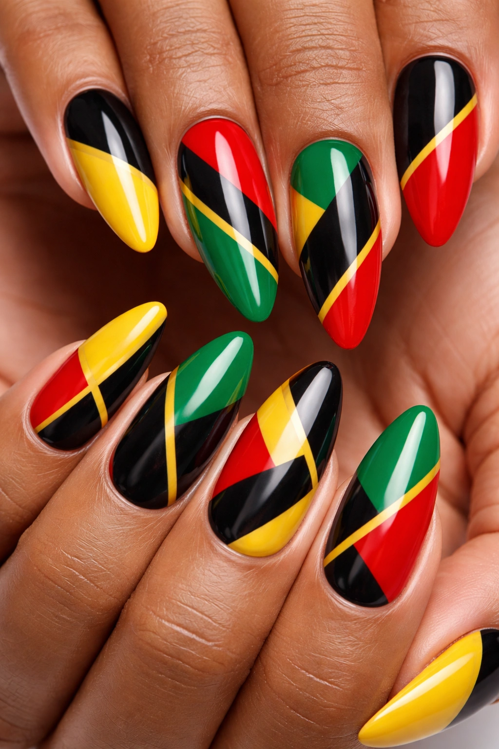 Nails in Pan-African colors arranged in a geometric pattern.