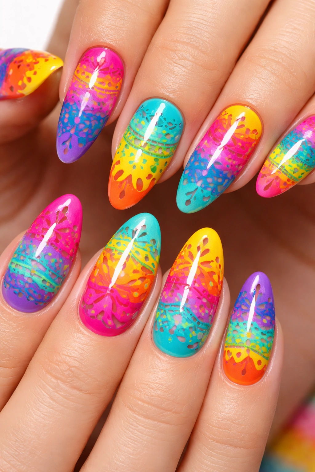 Nails with bright papel picado-inspired cutout patterns