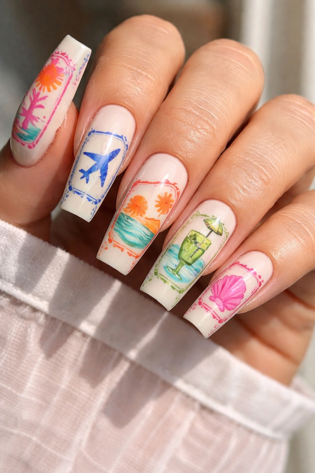 Coffin nails with stamp-like borders and abstract symbols on a creamy base.