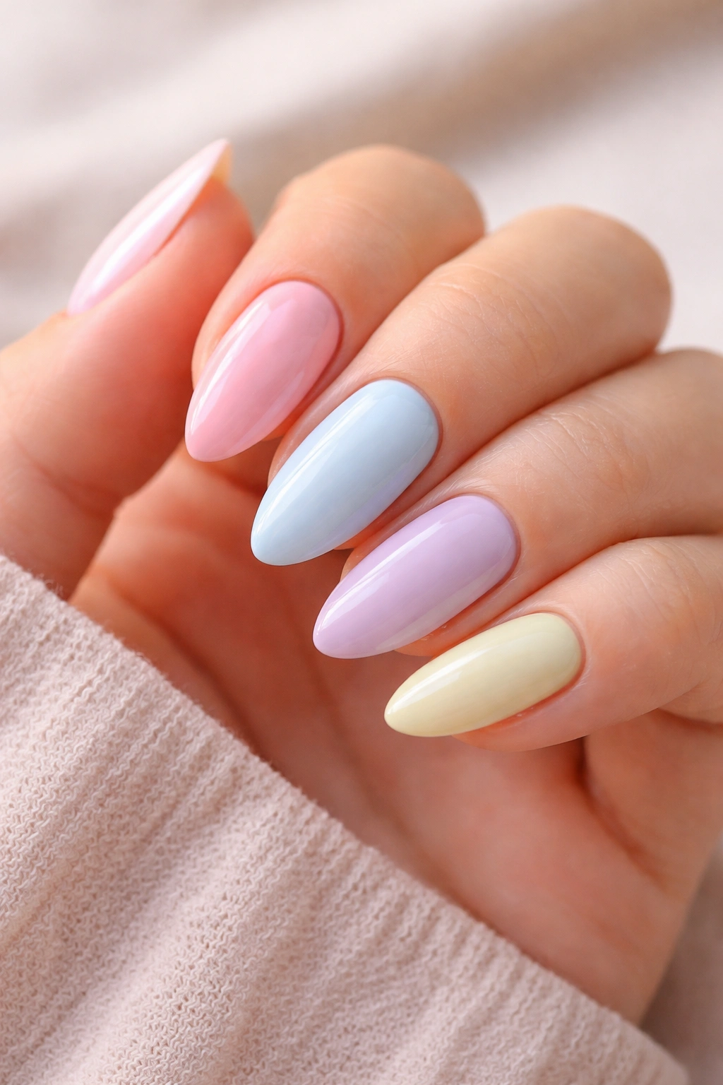 Close-up of pastel almond nails with glossy finish showing symmetry