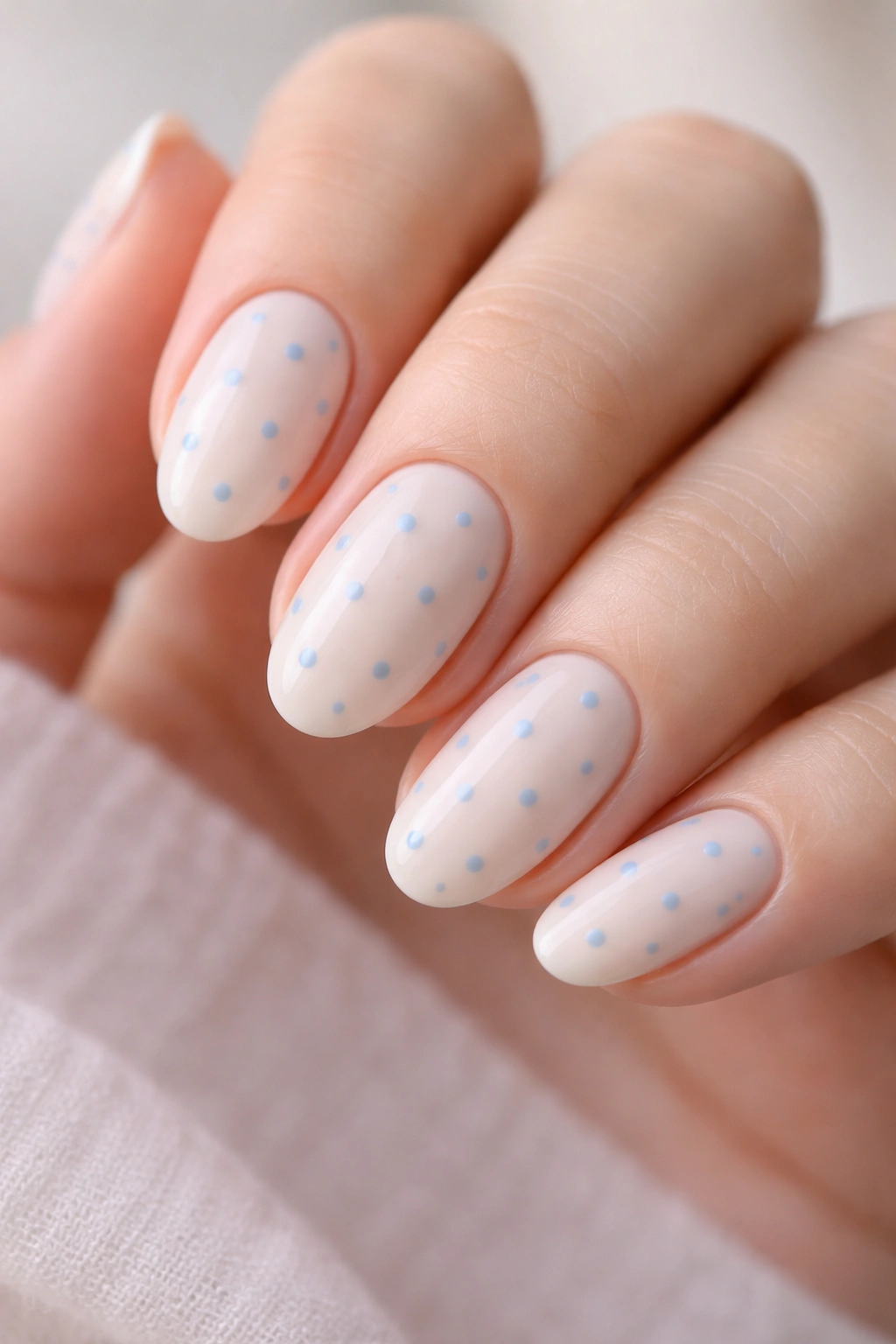 Pastel blue dots on a soft cream base on short almond nails