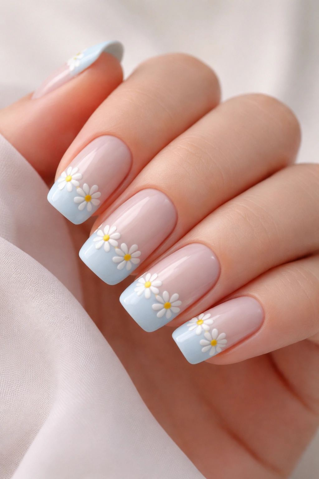 Pastel blue nails with daisy French tips