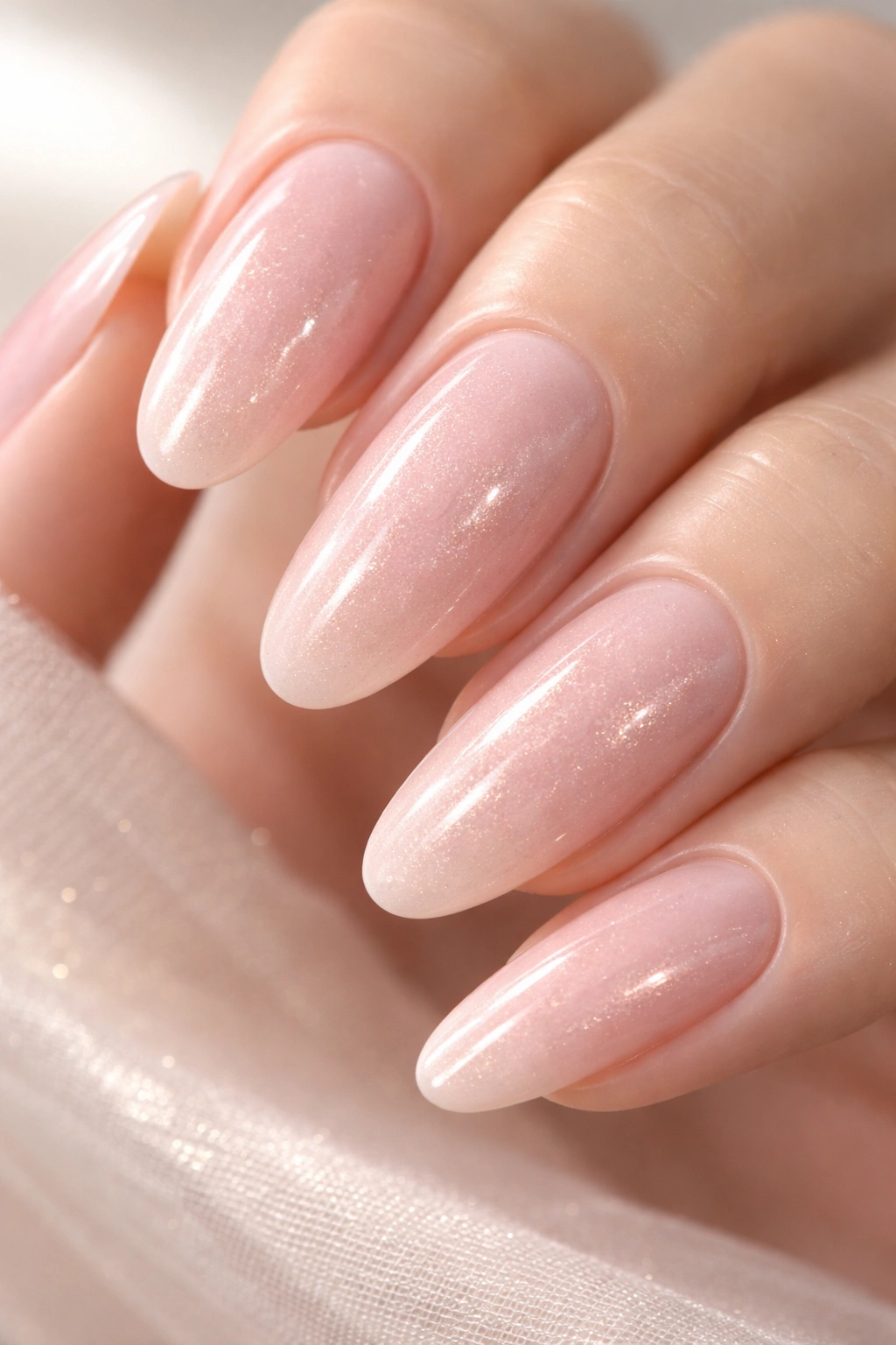 Close-up of long oval nails in soft pastel blush with subtle gold shimmer.